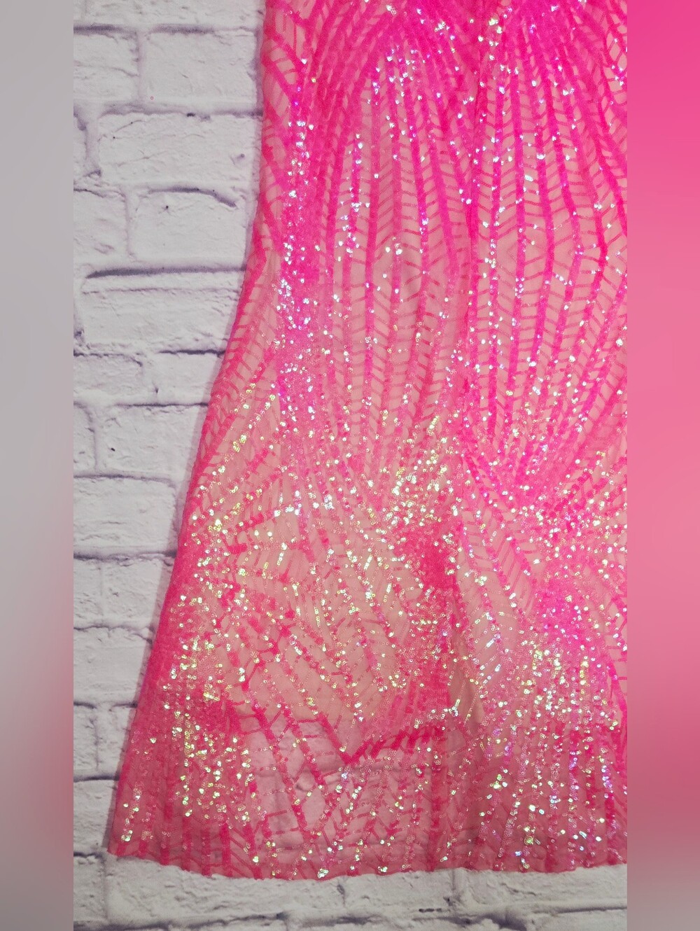 Neon Pink Sequin Two Piece Formal Set One Shoulder Crop Top Maxi Skirt - Picture 12 of 14
